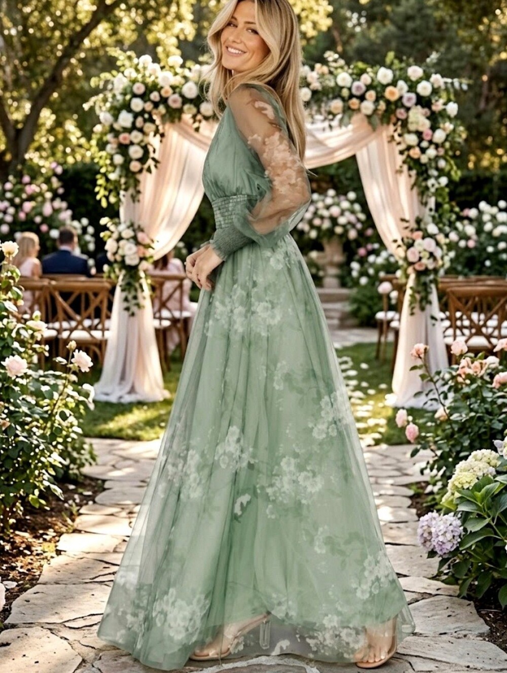 Baltic Born Layla Tulle Maxi Dress Dusty Green Floral Size Large NWT - Picture 3 of 16